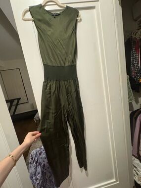 Theory Olive Green Sleeveless Jumpsuit with Smocked Waistband